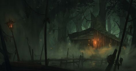 ArtStation - Swamp Hermit, Karine Villette Jungle Lighting, Swamp Aesthetic, Swamp Trees, Fantasy Locations, Witch Hut, Environment Painting, 3d Environment, Location Inspiration, Cosmic Horror