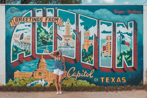 The Most Instagrammable Murals to Visit in Austin, TX (With Addresses!) Small Town Mural Ideas, Vintage Mural Art, Greetings From Mural, College Mural, Postcard Mural, Greetings From Postcard, Town Mural, Road Trip Texas, Weekend In Austin Texas