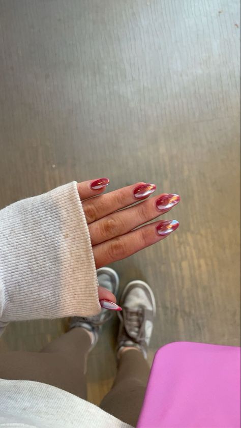 red chrome nails acrylic nails nails ideas Red Chrome Nails Designs Valentines, Red And Metallic Nails, Cherry Chrome Nails, Chrome Red Nails, Red Chrome Nails, Chrome Manicure, Bubble Nails, White Chrome Nails, Holo Nails