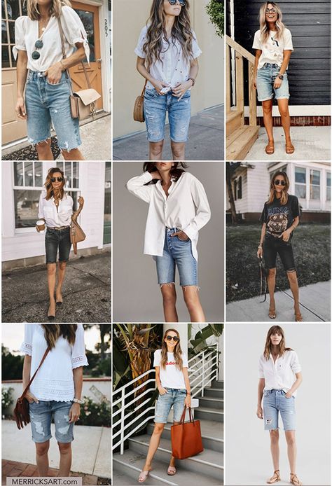 Trying to figure out how to wear bermuda shorts? They can be tricky! These shorts outfit ideas will help you wear them confidently and feel stylish. Capri Shorts Outfit, Cute Short Outfits, Jean Bermuda Shorts Outfit, Outfit Short, Beach Shorts Outfit, Long Shorts Outfits Women, Denim Bermuda Shorts Outfit, How To Wear Bermuda Shorts, Bermuda Shorts Outfits