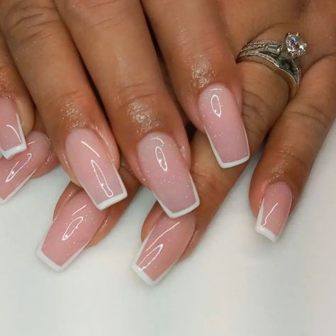 Clear Pink Gel Nails Short, Outlined Nails Square, Tiny French Tip Nails, Glitter Outline Nails, Outlined French Tip Nails, Outline French Tip Nails, Tapered Square French Tip Nails, Modest Nails, Pink Clear Nails