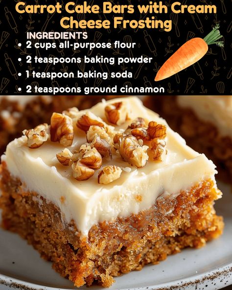 Carrot Cake Bars with Cream Cheese Frosting Carrot Cake Bars With Cream Cheese, Carrot Cake Bars Recipe, Carrot Recipes Dessert, Carrot Cake Cookies Recipe, Carrot Cake Muffin Recipe, My Heavenly Recipes, Bars With Cream Cheese Frosting, Bars With Cream Cheese, Homemade Strawberry Cake