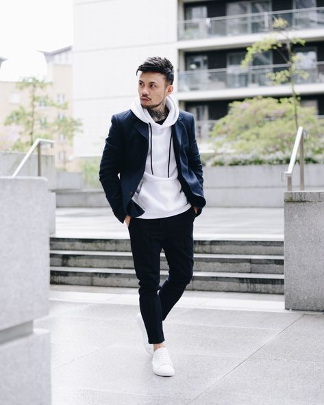 Hoodie Under Blazer Outfit Men, White High Neck Outfit Men, Blazer Hoodie Outfit Men, Blazer And Hoodie Outfit Men, Hoodie With Blazer Outfit Men, Blazer With Hoodie Men, Hoodie With Blazer Outfit, Nike Blazers Men Outfit, Men Black Suit Outfit