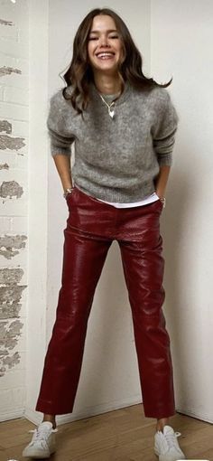 Oxblood Pants Outfit, Casual Red Pants Outfit, Leather Red Pants Outfit, Dark Red Leather Pants, Burgundy Faux Leather Pants Outfit, Burgundy Slacks Outfit Women, Burgandy Pants Outfits Work Fall, Faux Leather Trousers Outfit, Burgundy Sweater Outfit Winter