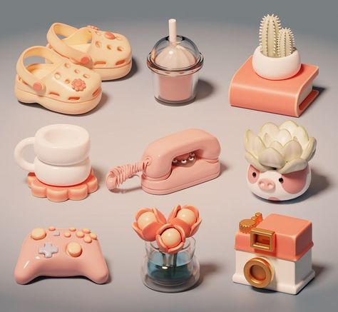 Cozy • Isometric • Blender on Instagram: “Pink assets of my next scene🌷 . . . . . . . . #b3d #blender3d #blender #3d #3dart #3dartwork #digitalart #digitalartist #pink #props…” 3d Things, Hello Kitty House, Props Art, Isometric Art, Tanah Liat, Blender Tutorial, Isometric Design, 3d Artwork, Mini Things