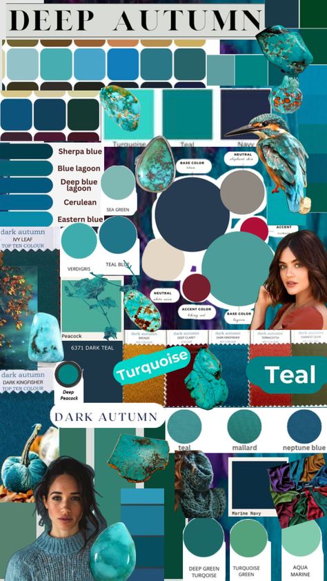 #deepautumn #darkautumn #teals #turquoise #aquas #bluegreen House Of Color Blue Autumn, Blue Autumn Color Palette, Dark Teal Outfit, Dark Teal Color Palette, Turquoise Colour Palette, Autumn Pallet, True Autumn Color Palette, Turquoise Outfit, Teal Outfit