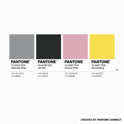 Ultimate Gray, Jet Set, Cameo Pink & Illuminating Gray Pink Color Palette, Pantone Color Chart, Pink Color Palette, Color Palette Pink, Personal Brand, Colour Palettes, Pantone Color, Color Chart, Jet Set