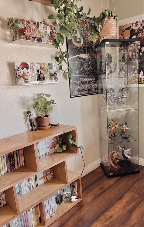 Weeb Living Room, Anime Inspired Living Room, Anime Shelf Aesthetic, Asian Room Aesthetic, Manga Shelf Aesthetic, Nerd Room Aesthetic, Manga Display, Anime Living Room, Virginity Rocks