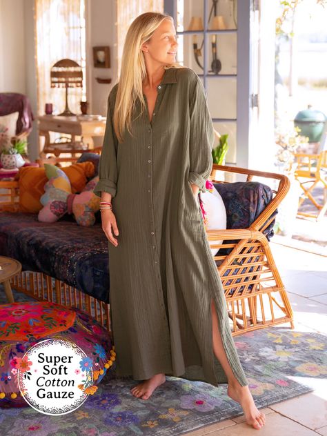 The Drew Gauze Shirtdress is SO comfy and easy to wear! It’s such a classic piece and can be easily styled with cool jewelry or a fedora! It’s made from 100% cotton gauze and features side slits, pockets and buttons all the way down… it’s literally like a basic button-down shirt, but as a dress! Modest Cottagecore, Shirt Maxi Dress, Cottagecore Christmas, Cottagecore Gifts, Gauze Shirt, Loose Maxi Dress, Christmas Pjs, Maxi Shirt Dress, Beautiful Clothes