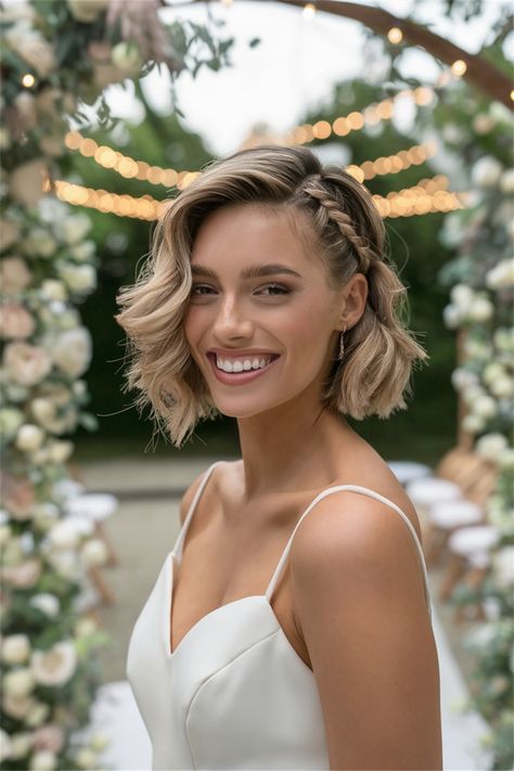 Discover the perfect short hairstyle women can embrace for their wedding day! This chic bob, elegantly styled with soft waves, frames the face beautifully while adding a modern touch to traditional bridal looks. Whether you adorn it with delicate hairpins or let it flow naturally, this hairstyle complements every gown and enhances your radiant beauty. Make your walk down the aisle unforgettable with this stunning choice! Short Hairstyles Bridal, Medium Hairstyle Wedding Bride, Short Hairstyle Women Traditional, Bob Hairstyle Bridesmaid, Wedding Hairstyles For Super Short Hair, Short Updo Hairstyles Wedding Bridesmaid, Wedding Party Hairstyles Short Hair, 1960s Inspired Hair, Mid Length Bridal Hairstyles