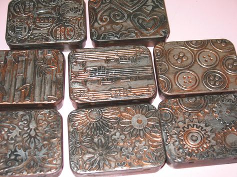 Old tins, metal tape, and embossing folders Metal Tape Art, Tin Projects, Mint Tin Crafts, Tin Crafts, Altered Box, Altoids Tin, Tin Can Art, Metal Tape, Aluminum Can Crafts