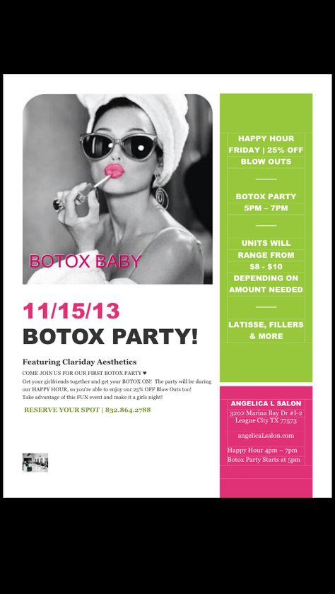 Maybe to hard hitting?  Not sure "Botox party" or Dysport Party sound attractive. Botox Event Party Ideas, Botox Advertising Ideas, Botox Parties, Medspa Marketing, Spa Advertising, Business Launch Party, Med Spa Marketing, Spa Marketing, Party Pics