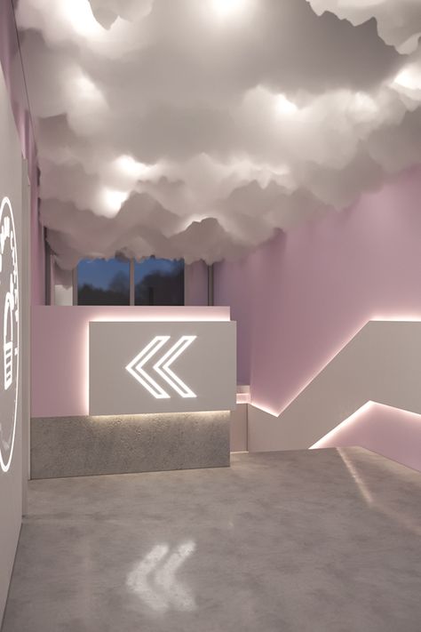 FORGOT THE SUGAR I cafe-confectionery on Behance Cloud Salon Decor, Cloud Cafe Design, Cloud Interior Design, Cloud Interior, Cloud Party, Cloud Ceiling, Bakery Shop Design, Cloud Theme, Deck Party