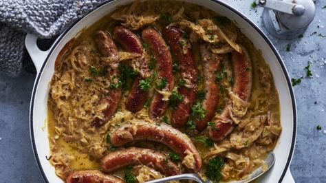 Cooked sauerkraut is delicious as it absorbs the flavour of the sausages and butter, mellowing its sourness. Week Meals, Sausage Dishes, Just Cooking, Sausages, Meat Dishes, Save Food, Healthy Cooking, Low Carb Recipes, New Recipes