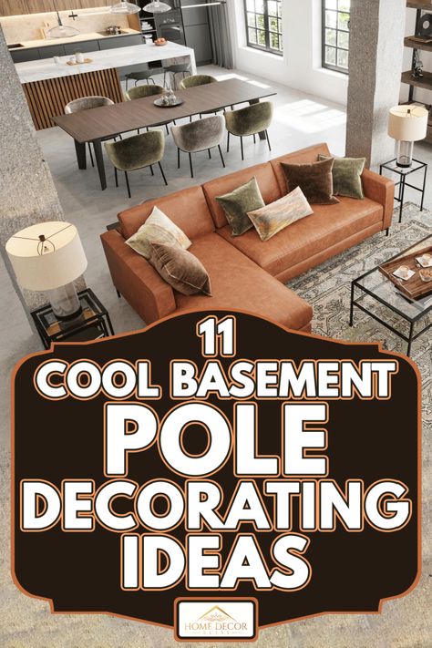 Basement Covering Ideas, Ideas For Covering Basement Poles, Cover Poles In Basement, How To Decorate Around A Support Pole, Diy Basement Decor Ideas, Hiding Basement Poles, Disguising Basement Posts, Basement Columns Ideas, Basement Space Ideas Layout