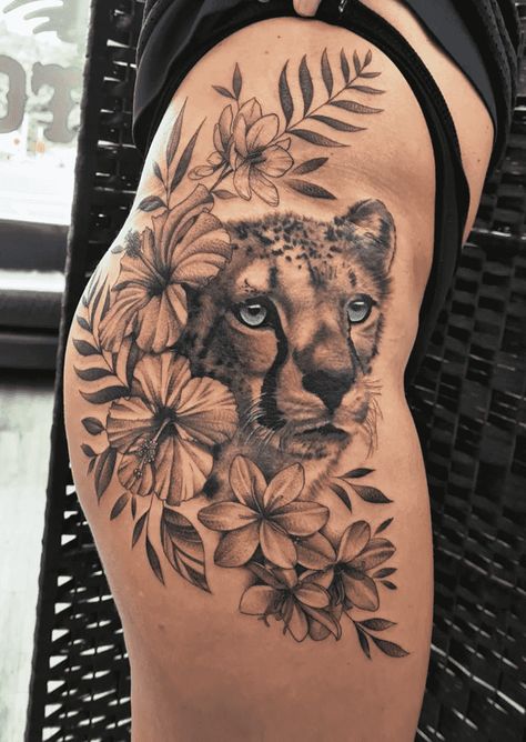 Cheetah Tattoo Design Images (Cheetah Ink Design Ideas) Cheetah Tattoos For Women, Cheetah Tattoo Leg, Cheetah Tattoo On Thigh, Leopard Hip Tattoos Women, Leopard Tattoo On Thigh, Giraffe Tattoo Thigh, Leppard Tattoo For Women, Cheetah Shoulder Tattoo, Cheetah Thigh Tattoo