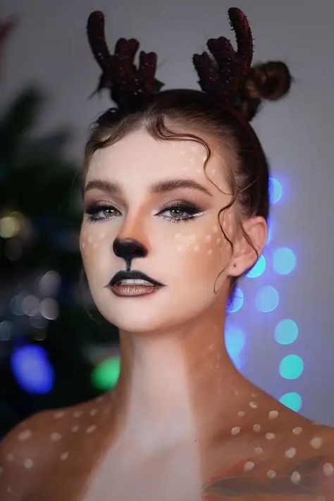 45+ Horrifying Halloween Makeup Ideas for Women - HubPages Christmas Deer Makeup, Animal Costume Makeup, Halloween Makeup Deer, Cute Reindeer Makeup, Christmas Fantasy Makeup, Reindeer Hairstyle, Rain Deer Makeup, Deer Eyes Makeup, Doe Makeup Halloween