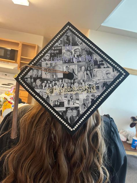 Cap Design Graduation, Id Like To Thank My Sponsors Grad Cap, Thank You To My Sponsors Graduation Cap, Grad Cap Collage Ideas, Grad Tattoo Ideas, Marketing Major Graduation Cap, Graduation Cap Pictures Collage, Photo Graduation Cap, Graduation Cap Designs Picture Collage