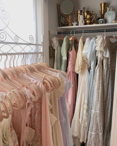 Designer Closet Aesthetic, Dresses Closet, Closet Of Dresses, Dress Closet Aesthetic, Dress Collection Closet, Pink Sewing Aesthetic, Fancy Closet, Dream Wardrobe Aesthetic, Dress Room