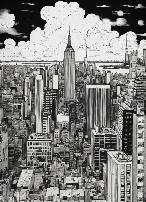 Chaotic stunning New York City, skyline, illustrated by hergé, style of tin tin comics, pen and ink. vintage 90's anime style, black and white. City Scape Sketch, City Scape Drawing, Skyscraper Drawing, New York City Scape, City Skyline Drawing, Gotham City Skyline, New York Illustration, Skyline Drawing, Black And White Building