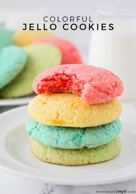 These bright and colorful Jello cookies are such a fun way to get the kids involved in the kitchen, and they're easy to make too! #cookies #jello #jellocookies Things To Do With Jello, Jello Mix Recipes, Jello Cookies Recipe, Jello Cookies, Green Jello, Desserts Cookies, Jello Recipes, Holiday Cookie Recipes, White Plate