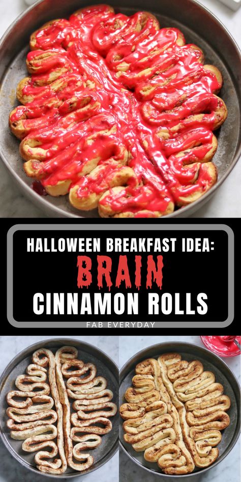 I was trying to think of easy Halloween breakfast ideas. I decided to make some Halloween themed cinnamon rolls, and came up with these cinnamon roll brains! These Halloween cinnamon rolls are really easy to make, as you just need a tube of refrigerated cinnamon rolls and some red food coloring. Click or visit FabEveryday.com for how to make Halloween brain cinnamon rolls, plus other inspiration for the holiday if you want more like this easy brain cinnamon roll idea. Halloween Food Ideas Cinnamon Rolls, Brain Cinnamon Rolls Halloween, Cinnamon Roll Brains Halloween, Cinnamon Roll Halloween, Halloween Cinnamon Rolls, Easy Halloween Breakfast, Halloween Breakfast Ideas, Halloween Breakfast, Halloween Foods