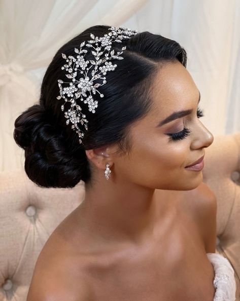 wide end of silver bridal headband with crystal clusters, leaves, and flowers on female model Bridal Hairstyles One Side, Bridal Updo With Headband, Updo With Headband, Crystal Bridal Headband, Black Brides, Black Wedding Hairstyles, Wedding Aesthetics, Bridal Bun, Makeup Images