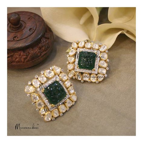 Get All The Beautiful Big Stud Earring Designs Here! • South India Jewels Polki Earrings Studs, Studs Earrings Gold India, Polki Rings, Polki Studs, Diamond Earrings Indian, Big Stud Earrings, Diamond Pendant Jewelry, Gold Jhumka Earrings, Indian Jewelry Earrings