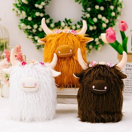 Description: Comfortable to the touch, fully filled features, highland cow plush toys allow you to hold up and play without sticking to the skin, and fluffy, elastic, not easily deformed. Integrating them into the decoration can create an atmosphere of warmth and love. Cute highland cow with brightly colored flowers on its head. Great for standing on the windowsill, desk, table, couch, bookshelf, bed, fireplace, office table, car, bedroom, display cabinet, and more. . Not only is it suitable for young people as dolls or home decorations, but especially suitable as nursery decorations. It is constructed of polyester material. The length of this product is 23cm, the width is 12cm and the height is 9cm. Highland cattle is the symbol of Scotland, they are docile and lovely, and can be given to Highland Cow Pumpkin, Highland Cow Plush, Cow Pumpkin, Farmhouse Nursery Decor, Cow Plush, Scottish Highland Cow, Farm Toys, Valentines Day Gifts For Her, Doll Gift