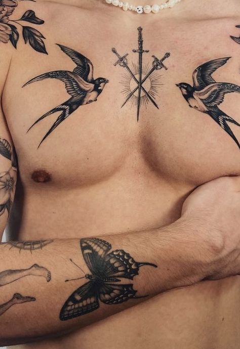 Chest Tattoo Men Ideas Geometric, Mens Upper Chest Tattoo, Sparrow Chest Tattoo Female, Mens Abdomen Tattoos, Single Chest Tattoo, Tattoo Belly Man, Colorbone Tattoos Ideas, Men Collarbone Tattoo, Symmetrical Chest Tattoo Men