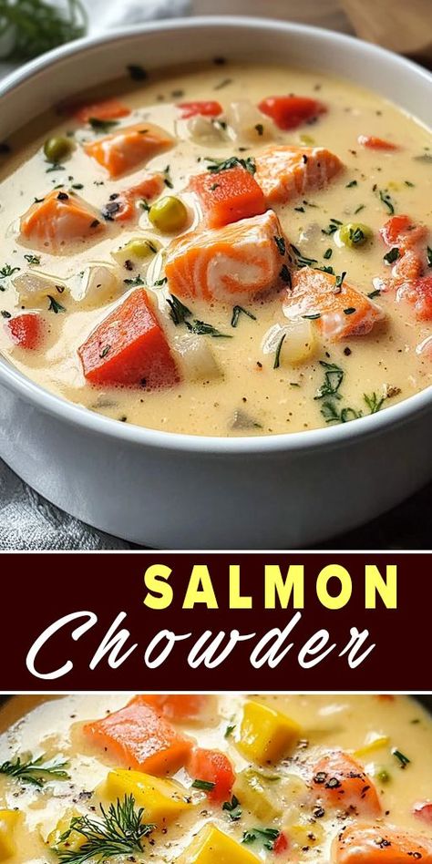 Indulge in the rich flavors of this Salmon Chowder that’s perfect for any season! 🌊✨ This creamy and hearty soup combines tender chunks of salmon with fresh vegetables, creating a satisfying meal that’s both nutritious and delicious. Excited to try this recipe? Click the link for the full instructions and make your kitchen smell amazing! Don’t forget to save this pin for your next cozy night in! 💾💕 #SalmonChowder #ComfortFood #EasyRecipes #SeafoodLovers #HomeCooking #RecipeOfTheDay Creamed Salmon And Peas, Soup With Salmon, Salmon Chowder Crockpot, Salmon Stew Southern, Crockpot Salmon Recipes Slow Cooker, Salmon Slow Cooker Recipes, Crockpot Salmon Recipes, Salmon Crockpot Recipes, Salmon Soup Recipes