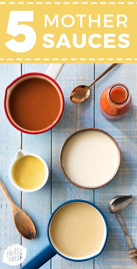 Sauces For Plating, Classic Sauces, Basic Sauces, 5 Mother Sauces Recipes, Basic Sauce Recipes, Mother Sauce, Mother Sauces Recipes, Mother Sauces Chart, Mother Sauces