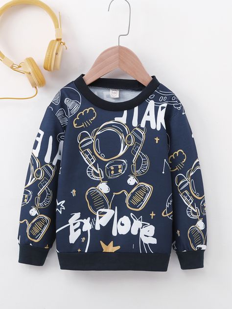 Navy Blue Casual  Long Sleeve Polyester Cartoon,Letter Pullovers Embellished Medium Stretch Spring/Fall Toddler Boys Clothing Toddler Clothes Boy, Baseball Jacket Outfit, Winter T Shirts, Boys Graphic Tee, Boys Sweatshirts, Kids Clothes Boys, Boys Casual, Print Sweatshirt, Boys Clothing