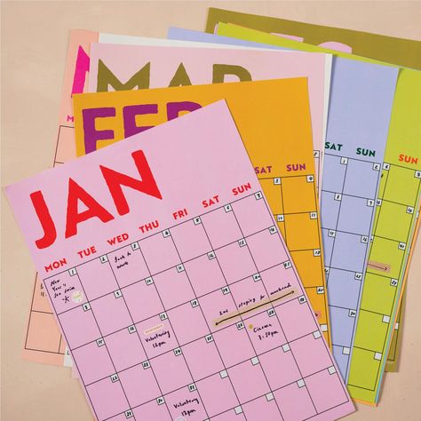 Planning on steroids! Get a clear view of your plans for the year ahead with this flexible undated wall planner / calendar that you can start any month in the year. A deliciously bold colour palette with contrasting font colours (pink & Red anyone?)- we're thinking this is a strong feature wall for your zoom backgrounds or Tiktoks, if that's your vibe. The 12 monthly large A3 prints can be arranged on the wall together for a full calendar year overview or choose to hang one or a few at a time. P Monthly Wall Planner, Aesthetic Wall Calendar, Planner Aesthetic Ideas, Monthly Planner Aesthetic, Calander Design, Calendar Graphic Design, Graphic Design Calendar, Aesthetic Agenda, Fonts 2024