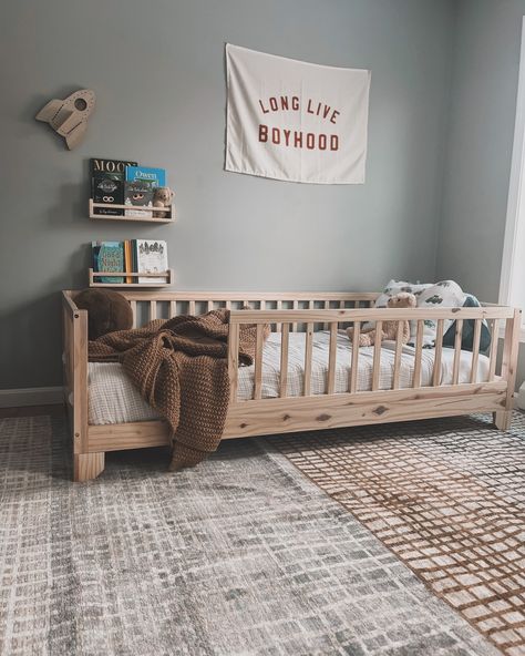 Long Live Boyhood 🤎 The toddler boys room aesthetic is too cute. Our little guy loves his room so much. Head to my link in bio to shop this space. You can also find the bed link there as well! ✨ #sundaystill #longliveboyhood #toddlerboy #toddlerbedroom #toddlerstyle #boystyle #toddlermom #floorbed #toddlerinspo Two Year Old Bedroom Boy Rooms, Small Toddler Boy Room, Toddler Boy Shared Room, Long Live Boyhood Room, Boho Toddler Boy Room, Boy Toddler Room Ideas, Toddler Boy Room Colors, Small Toddler Room Ideas, Boyhood Room