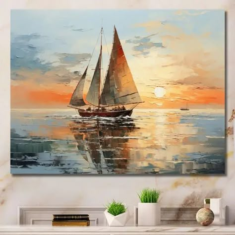 Designart "Minimalism Sailboat Rhythms I" Sailing Boat Wall Art Living Room - Bed Bath & Beyond - 39262972 Boat Painting Ideas, Canvas Art Painting Wall Decor, Sailing Boat Painting, Boat Painting Abstract, Boat Painting Acrylic, Beautiful Scenery Drawing, Boat Wall Art, Sailing Art, Minimalism Art