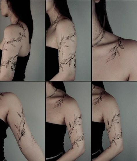 Connecting Patchwork Tattoos, Unique Half Sleeve Tattoos Upper Arm, Dark Vine Tattoo, Tattoos That Compliment Body Shape, Wrap Around Sleeve Tattoo, Upper Arm Shoulder Tattoo, Tattoo Around The Arm, Ethereal Tattoo Sleeve, Whimsical Tattoo Ideas