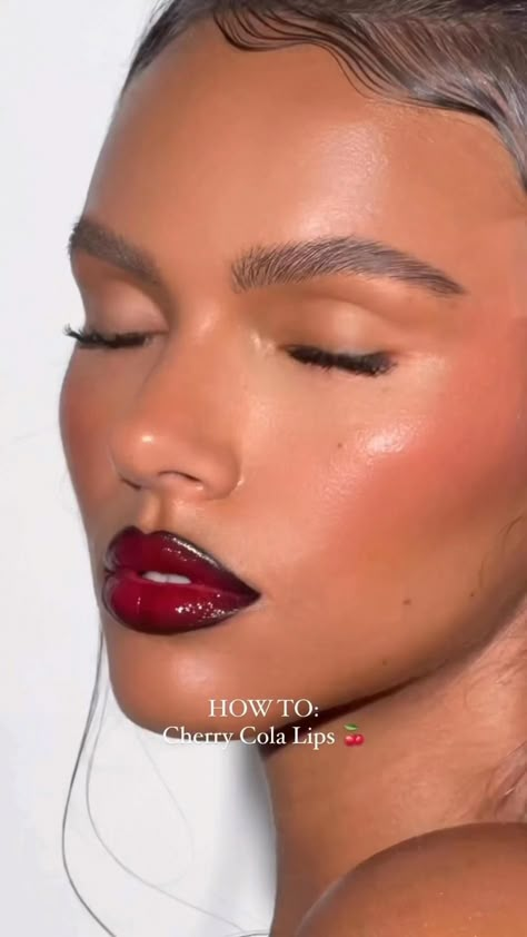 cherry cola lip combo tutorial Cherry Lipstick Makeup, How To Put On Lip Liner And Lip Gloss, Black And Red Lip Combo Makeup Look, Holiday Lip Combo, Maroon Lipstick Aesthetic, Cola Lip Combo, Deep Red Lip Combo, Cherry Cola Lips Combo, Red Lip Liner And Gloss Combo