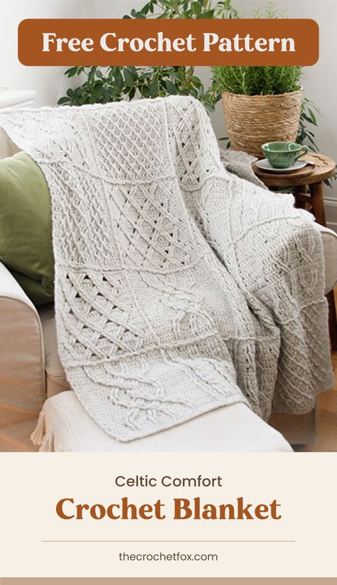 Text area which says "Free Crochet Pattern" next to a gray crochet blanket worked in squares with different cable patterns draped over a couch followed by another text area which says "Celtic Comfort Crochet Blanket, thecrochetfox.com" Crochet Cable Blanket, Magazine Drops, Crochet Cable, Manta Crochet, Crochet Throw, Crochet Diagram, Crochet Square, Afghan Crochet Patterns, Crochet Stitch