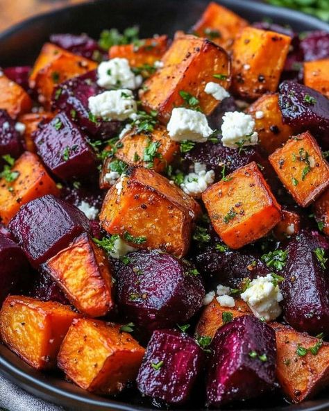 Beets And Sweet Potatoes Recipes, Sweet Potato And Beet Salad, Beet And Sweet Potato Recipes, Roasted Beets And Sweet Potatoes Recipe, Roasted Beets And Sweet Potatoes, Beets And Sweet Potatoes, Cheesy Broccoli Recipe, Potatoes With Feta, Protein Soup Recipes