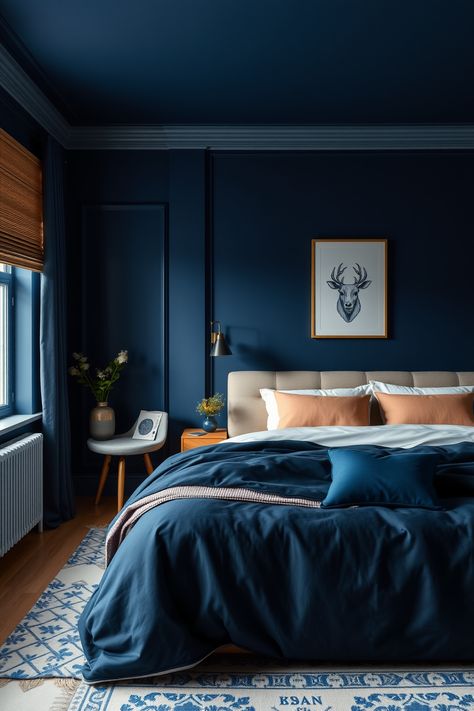 15 Ideas and Inspiration for Navy Blue Bedrooms – bedroomideas.fun Deep Navy Bedroom, Calming Primary Bedroom Ideas, Navy Painted Bedroom, Blue On Blue Bedroom, Navy Blue Themed Bedroom, Brown And Navy Bedroom, Blue Bedding Bedroom Ideas, Dark Navy Blue Bedroom, Dark Blue Moody Bedroom