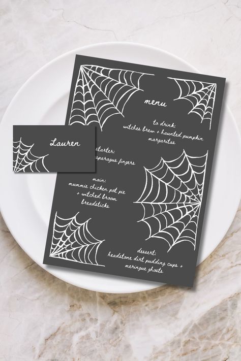 Customizable Spooky Spider Halloween Menu BUNDLE with 4 placecard layout options. These printable templates are perfect for spooky halloween dinner party, or even a costume party! Invite all your besties for a night of scary movies, creepy costumes and all the candy they can eat! #aesthetichalloween #halloweenmenu #halloweendinnerparty #dinnerparty #spookydinnerparty #menutemplate #heykellystudio #printablemenu Halloween Dinner Invitations, Halloween Menu Design, Halloween Menu Ideas, Dinner Party Menu Template, Spooky Dinner Party, Halloween Dinner Party Menu, Spooky Halloween Dinner, Party Menu Template, Costume Party Invite