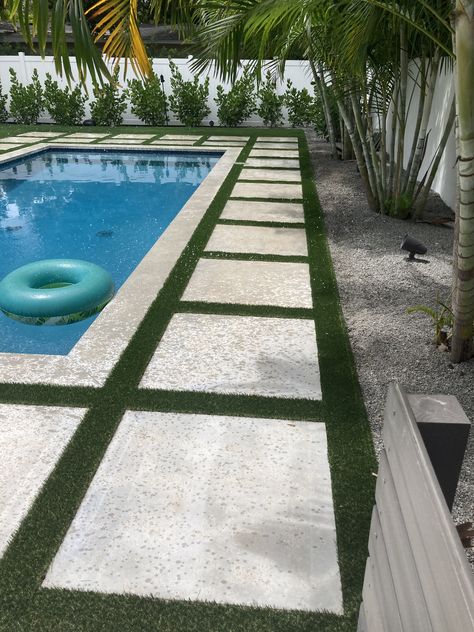 Pool Surround Ideas Landscaping, Concrete Slabs Around Pool, Pathway To Pool Backyards, Pool With Pavers And Turf, Pool Landscaping Concrete, Turf And Stone Around Pool, Pool With Turf And Concrete, California Backyard Pool, Travertine And Turf Pool Deck