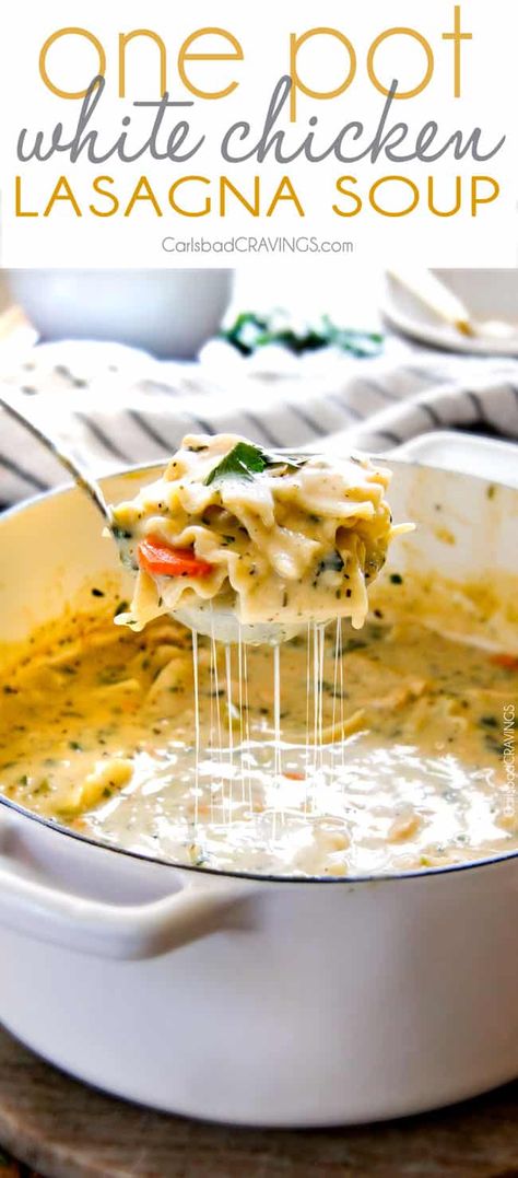 Slow Cooker Soup Recipes Easy, White Chicken Lasagna Soup, Chicken Lasagna Soup, White Chicken Lasagna, Lasagna Soup Recipe, Cabbage Roll, Vegetarian Soup Recipes, Chicken Lasagna, Avocado Dip