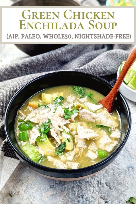 Aip Chicken Chili, Aip Chicken Soup Recipes, Aip Quick Meals, Aip Chicken Soup, Aip Soup Recipes, Green Chicken Enchilada Soup, Paleo Soup Recipes, Aip Soup, Aip Lifestyle