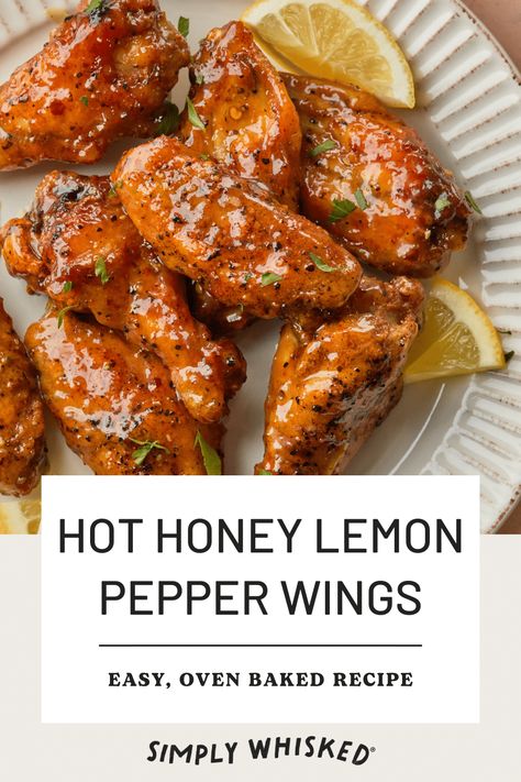 Move over buffalo, we've got a new chicken wing sauce in town. These hot honey lemon pepper chicken wings are baked until crispy and topped with a homemade hot honey sauce that takes these wings to the next level, adding a delightfully sweet and zesty kick to every bite. Honey Hot Lemon Pepper Sauce, Boneless Wing Sauce Recipes, Hot Honey Recipe Chicken Wings, Honey Lemon Pepper Wings Air Fryer, Best Way To Cook Wings, Honey Lemon Pepper Chicken Wings Recipe, Hot Lemon Pepper Sauce, Lemon Pepper Wings Baked, Hot Honey Wing Sauce