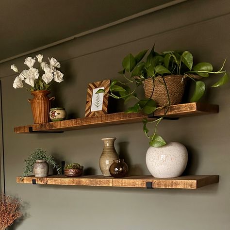 Our rustic, handmade extra deep shelves are hand made in the UK using sustainably sourced chunky timber which we finish using a blend of natural waxes that give water resistance. Each shelf comes complete with steel brackets (two per shelf under and including 120cm or three per shelf over 120cm) and all the fixings that you will require. Our brackets are powder coated in matt black for full protection.  EXPRESS ORDER: If you opt for the express delivery service this will fast track your lead tim Shelf Pantry, Drink Shelf, Handmade Shelf, Shelf Office, Oak Floating Shelves, Rustic Shelf, Utility Shelves, Room Shelf, Office Shelf