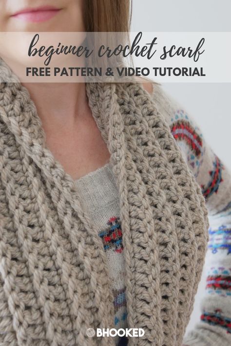 Beginner Crochet Scarf. Click through to see how to crochet a scarf with a free pattern and video tutorial! #BHooked #Crochet #FreeCrochetPattern Long Scarf Crochet Pattern, How To Crochet A Scarf Easy, Beginning Crochet Scarf, Crochet Scarf For Beginners Free Pattern, Easy Crocheted Scarf Patterns Free, Crochet Scarf Lengthwise Pattern, Crocheting A Scarf, How To Crochet A Scarf For Beginners Step By Step, Crochet Chenille Scarf