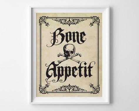 Bone Appetit Halloween Party Sign, Halloween Party Decor, Gothic Halloween Print, Skull and Cross Bo Halloween Buffet Table Decor, Halloween Party Signs, Halloween Fundraiser, Halloween Buffet Table, Bone Appetit, Appetizer Buffet, Halloween Buffet, Halloween Themed Birthday Party, Halloween Party Appetizers