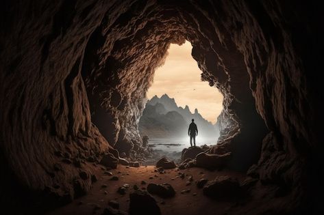 Photo man in front of the entrance to a ... | Premium Photo #Freepik #photo #cave #black-rock #underground #mystery Cave Entrance Drawing, Fantasy Cave Entrance, Cave Photoshoot, Cave Logo, Cave Illustration, Cave Aesthetic, Pixel Reference, Cave Photography, Picture Of A Person